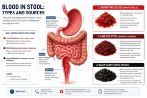 Blood in stool causes shown by different stool colors in digestive tract illustration