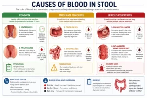 Common and serious blood in stool causes infographic with medical conditions