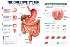 Digestive health diagram showing human digestive system and nutrient absorption