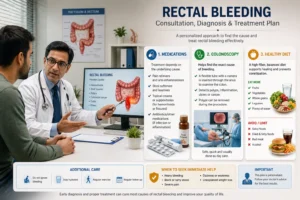 Doctor explaining treatment options for blood in stool causes and diagnosis