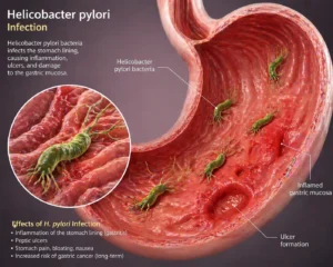 H. pylori infection bacteria affecting stomach lining illustration