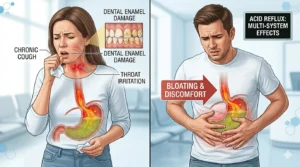 Common non-traditional symptoms of long-term acidity including cough, bloating, and throat irritation