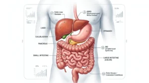 Digestive system illustration showing organs and conditions treated by a gastroenterologist.