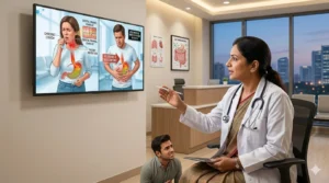 Doctor consulting patient about chronic acidity and GERD symptoms in clinic