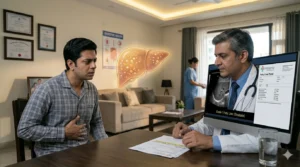 Doctor explaining fatty liver ultrasound and liver function test results to a patient.