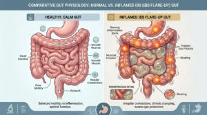 Illustration showing IBS flare-up cycle with inflamed intestines and digestive discomfort.