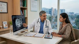 Patient discussing digestive health diagnosis and treatment plan with a gastroenterologist.