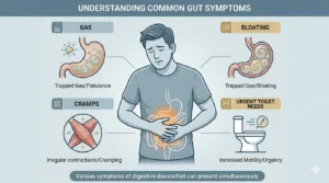 Symptoms of IBS flare-up including cramps, bloating, and urgency.