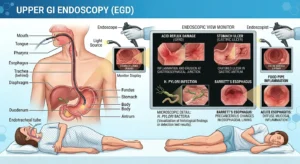 Visual representation of acid reflux, stomach ulcers, and H. pylori infection detected through endoscopy