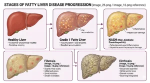 Visual representation of fatty liver stages from mild fatty liver to cirrhosis.