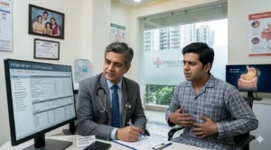 Patient consulting a gastroenterologist for persistent nighttime gas problem.