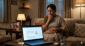 Worried patient delaying digestive screening while experiencing stomach symptoms at home