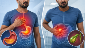 Gallstone symptoms compared with acidity symptoms showing differences in pain location and digestive discomfort.
