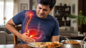 Gallstone symptoms causing pain under the right ribcage after eating fatty food.