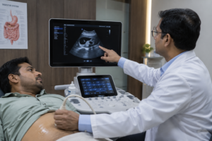 Doctor performing abdominal ultrasound to investigate gallstone symptoms and gallbladder disease.