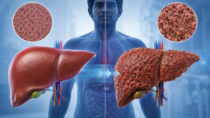 Liver cirrhosis symptoms illustrated through comparison of a healthy liver and a scarred cirrhotic liver.