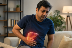 Early liver cirrhosis symptoms including fatigue and right upper abdominal discomfort in an adult patient.