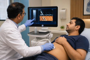 FibroScan examination used to diagnose liver cirrhosis symptoms and measure liver fibrosis.