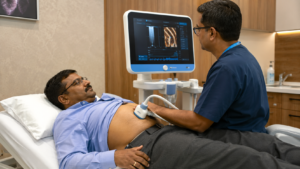 Patient undergoing a FibroScan test to assess fatty liver disease and liver fibrosis risk.