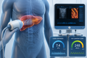 FibroScan test technology measuring liver stiffness and fatty liver levels using transient elastography.