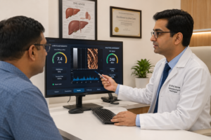 Doctor explaining FibroScan test results and liver fibrosis staging to a patient.