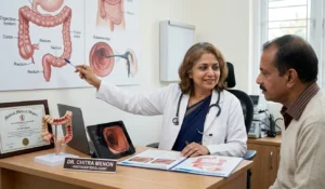 Doctor discussing colonoscopy screening recommendations with an Indian patient.