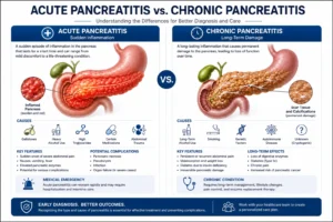 Comparison between acute pancreatitis and chronic pancreatitis showing inflammation and long-term pancreatic damage.