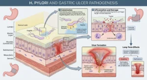 H. pylori bacteria causing damage to the stomach lining and leading to ulcers.
