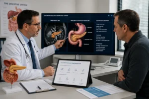 Gastroenterologist evaluating pancreatitis symptoms and pancreatic health.