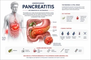 Pancreatitis symptoms showing pancreatic inflammation and upper abdominal pain radiating to the back.